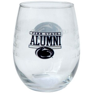 stemless wine glass with Penn State Alumni, Athletic Logo, and embossed Alumni